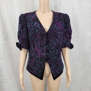 Pantagis Vintage Black Velvet Purple Glitter Paisley Blazer Jacket Top Bows